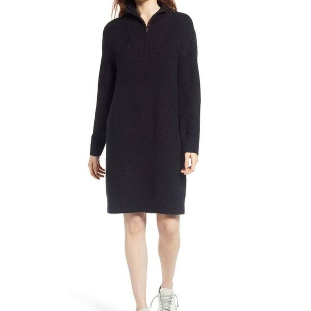 TREASURE & BOND Women's Solid Black Half-Zip Mock Neck Long Sleeve Sweater Dress